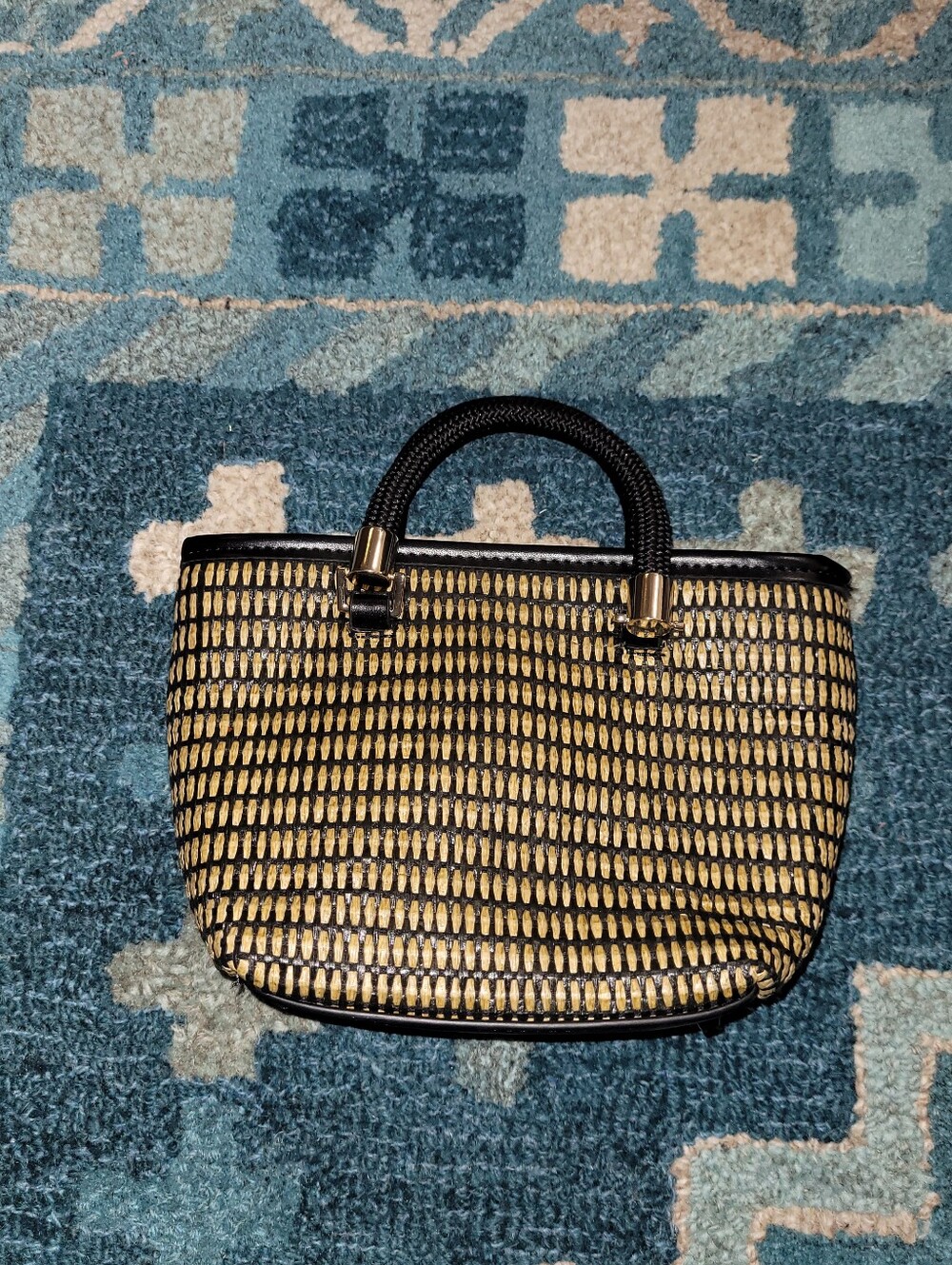 Black & Gold Woven Top-Handle Women’s Handbag